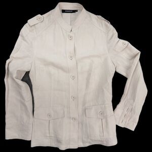 Prague Linen Jacket Womens Small Ivory Band Collar Button Utility